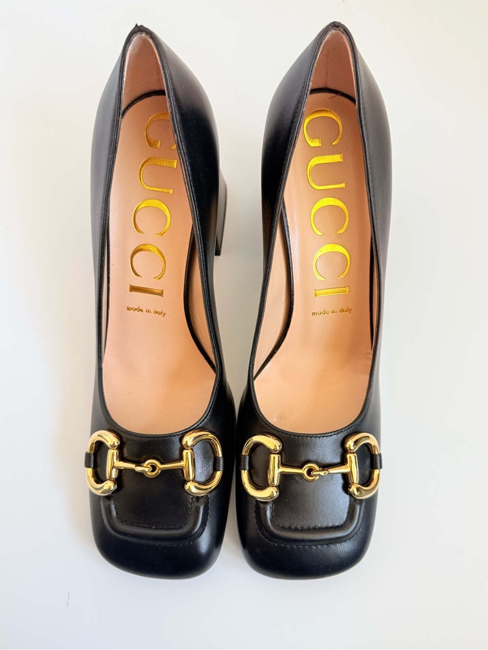 Gucci Malaga Kid Leather baby Horsebit Pumps Black Gold Block Heel EU 39 New - Picture 2 of 11